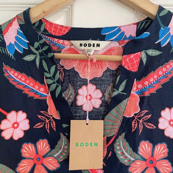 Boden Cleo Floral Print Long Sleeve Linen Dress In Multi Tropic Parrot Size 14L - Picture 2 of 7